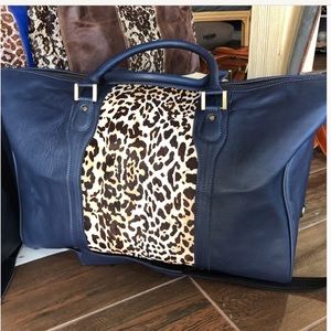 Blue Leather Weekender Bag Carry On leopard print nwt